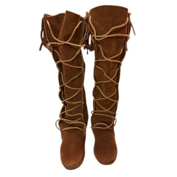Minnetonka Womens Brown Suede Leather Knee High Lace-Up Fringe Moccasin Boots - Picture 2 of 3